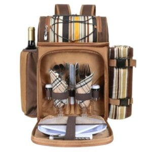 Picnic Basket Backpack for 2 with Insulated Cooler Compartments, Wine Holder, Fleece Blanket and Cutlery Set