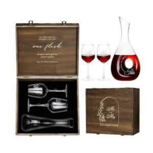 Wine Decanter with Mr Mrs Wine Glasses and Engraved Wooden Keepsake Box